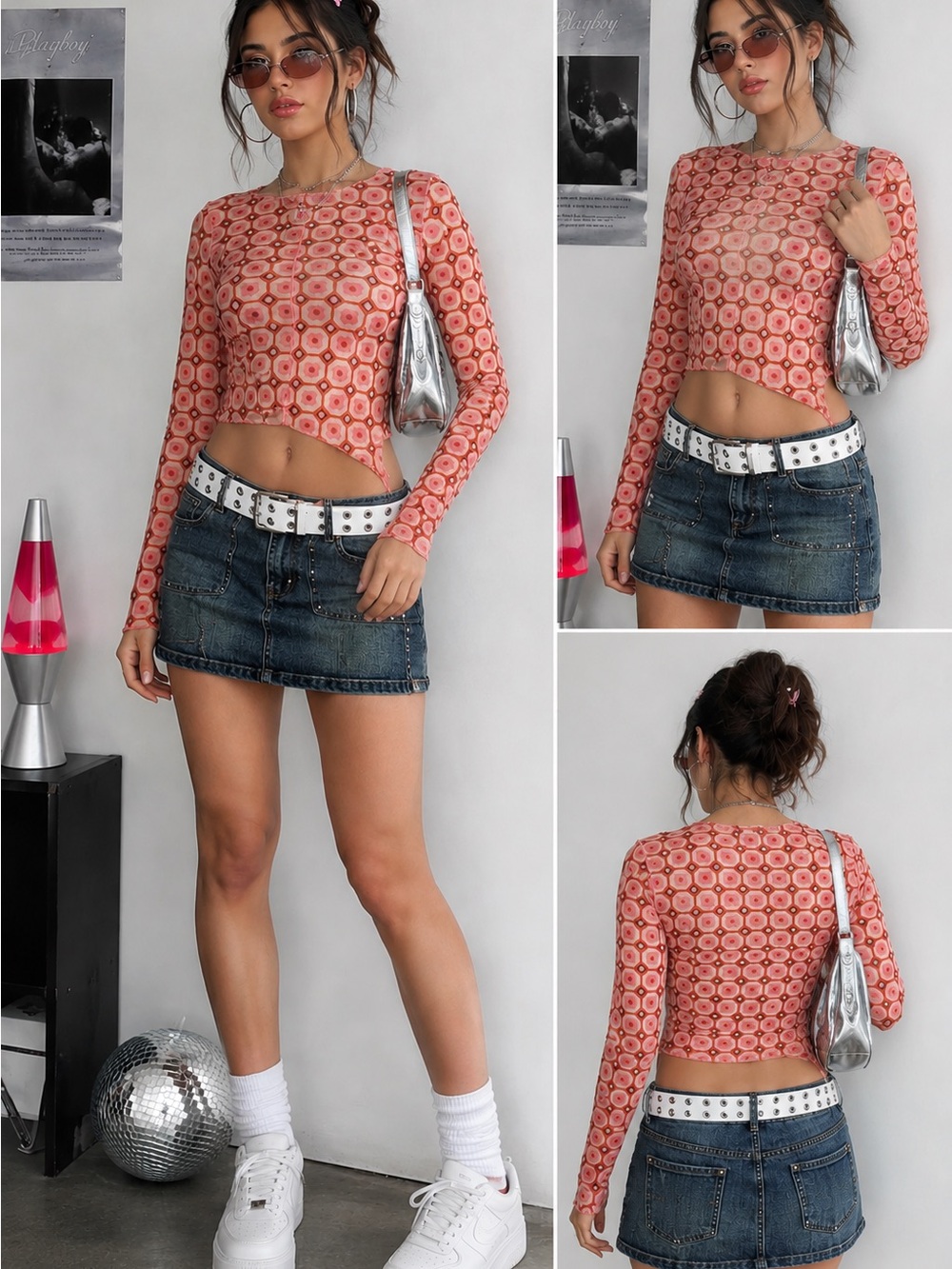 Papaya Vintage Y2K sheer mesh crop Top- Pink Retro Geometric size medium